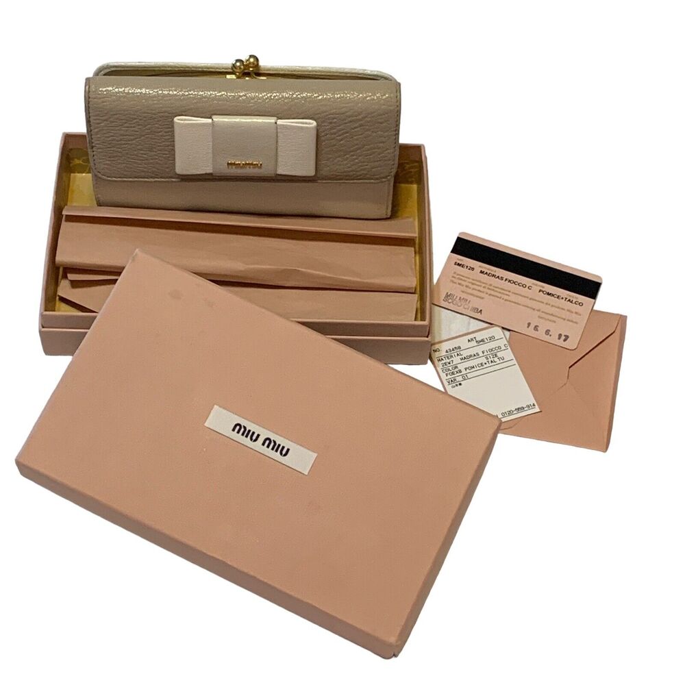 Miu Miu Madras Fiocco Pomice Talco Tri-Fold Long Wallet Ribbon COA Card & Box